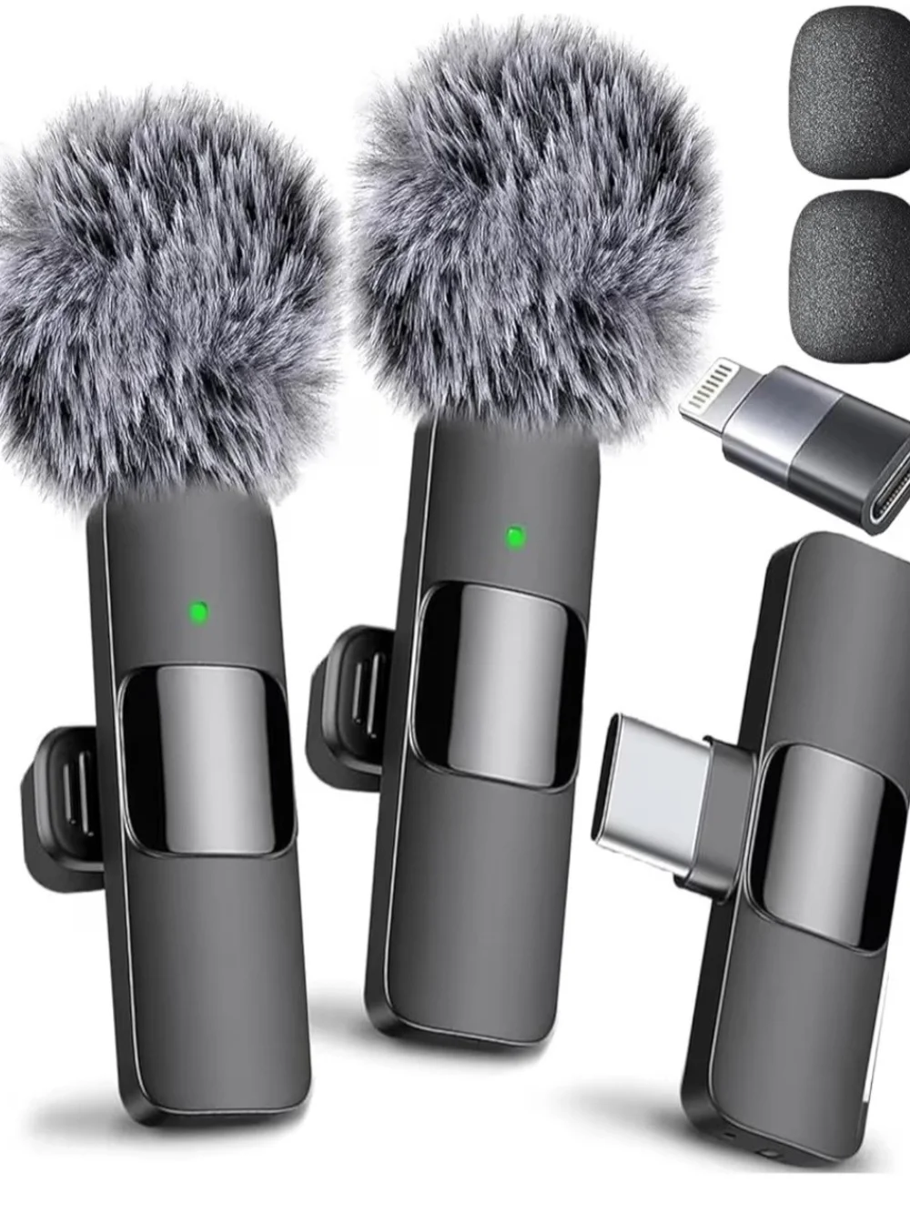 Set Of 2 Wireless Lavalier Microphone Clips w Wind Muff - Black Android & IPhone